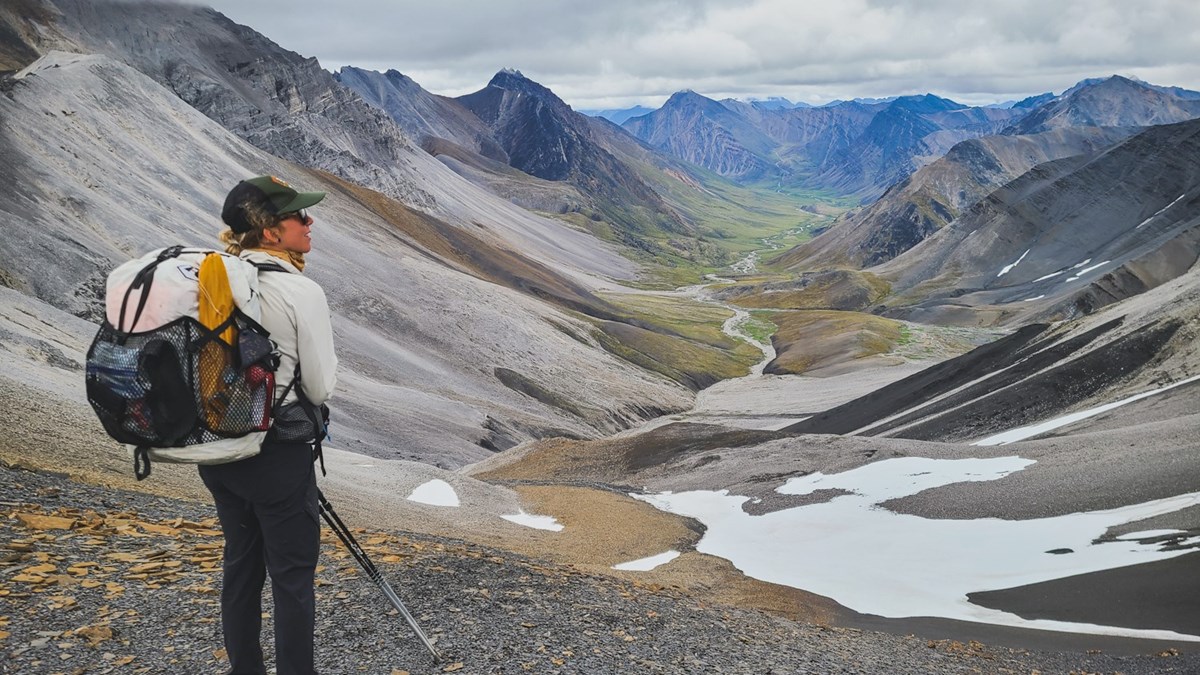 A park ranger with backpack stands on a high ridge overlooking a valley