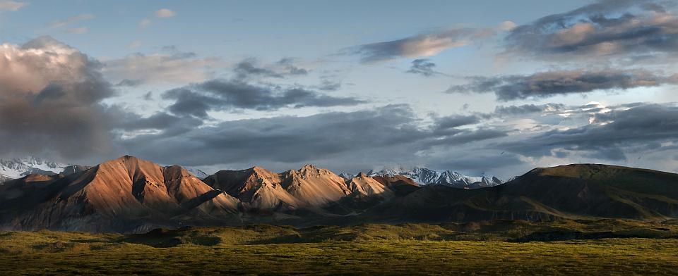 midnight sun on Denali's mountains