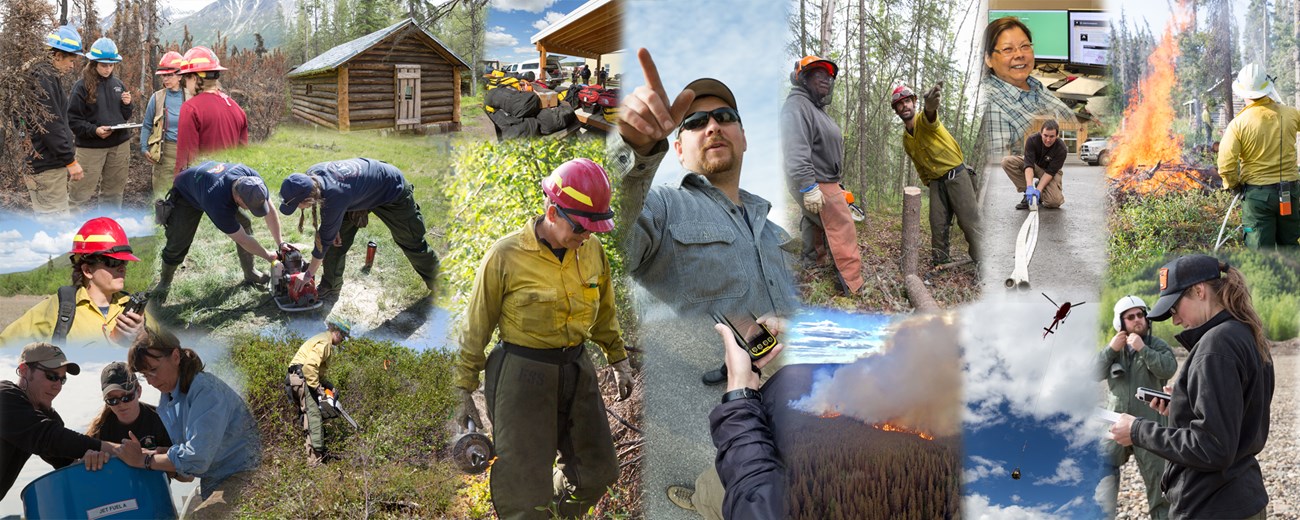 Photo collage of random NPS wildland fire management activities.