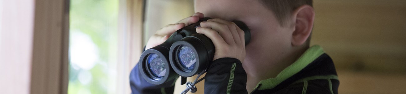40 Family Fun Header A small boy looks through binoculars.