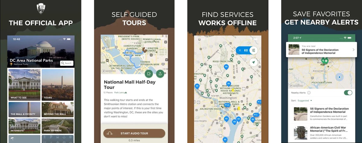 Promotional panels for the app include home screen, tours, find services, and get alerts. Promotional panels for the app include home screen, tours, find services, and get alerts.