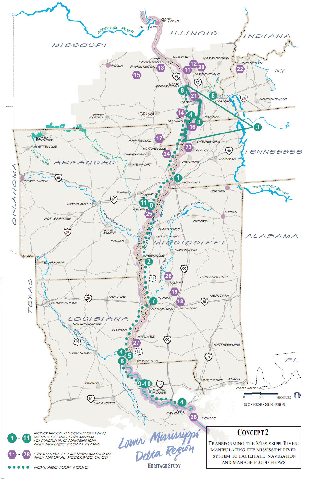 Map of sites related to the human transformation of the Mississippi river