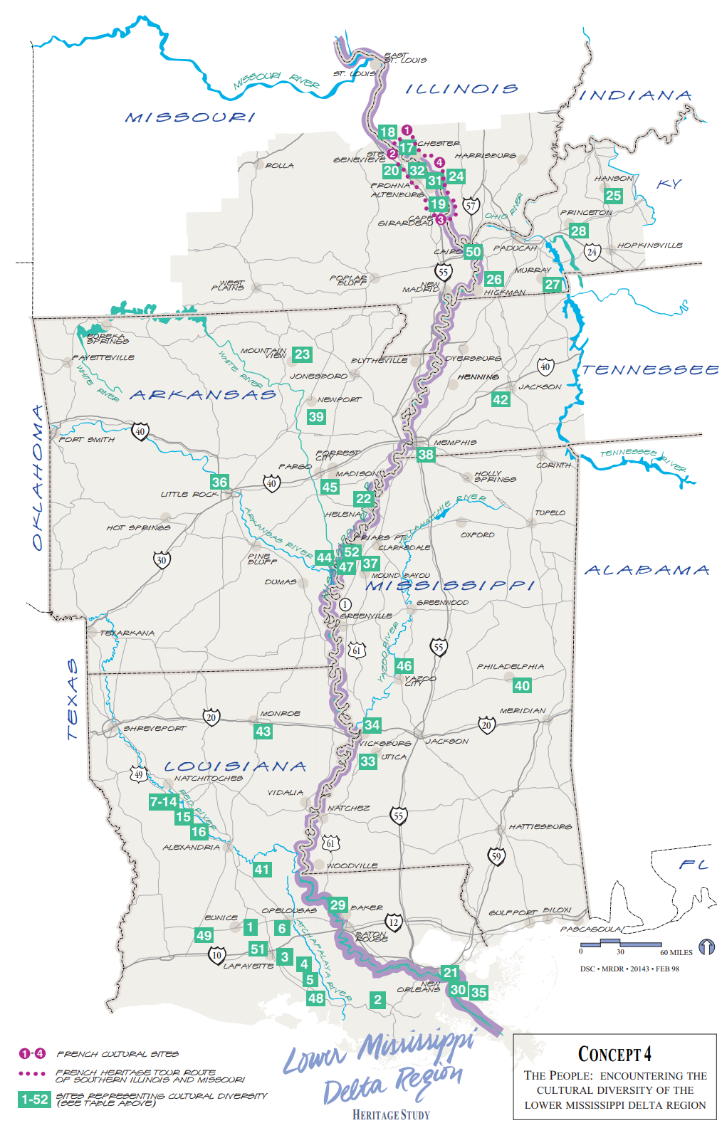 Map of the Mississippi Delta region in southeastern Louisiana, USA.