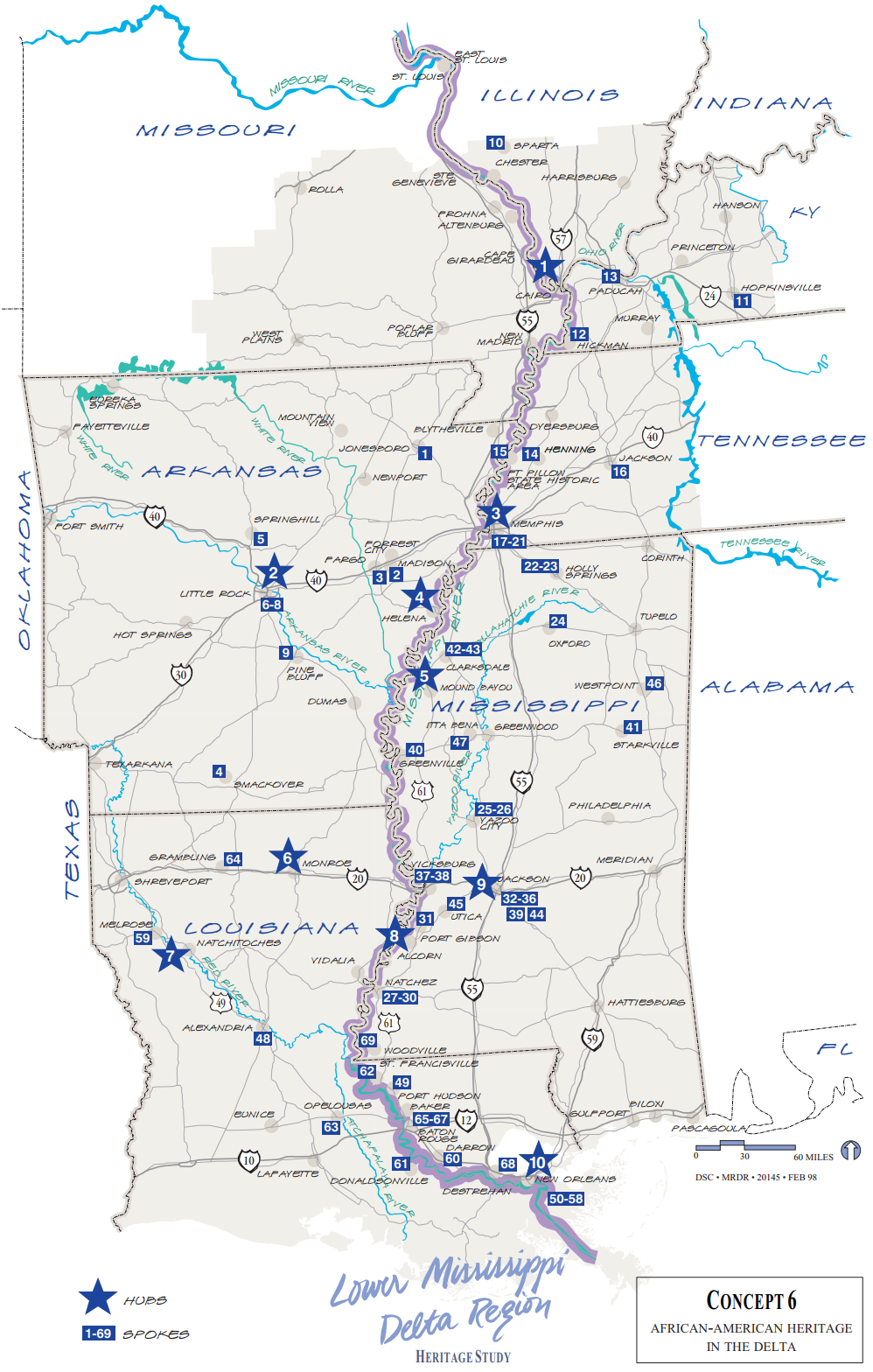 Map of African-American Heritage Sites in the Lower Mississippi Delta Region