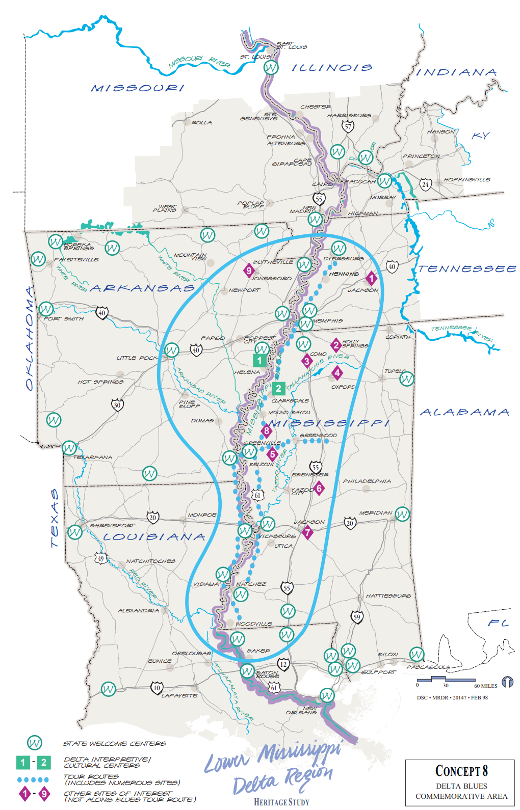 Map of Delta Blues Heritage Sites in the Lower Mississippi Delta Region