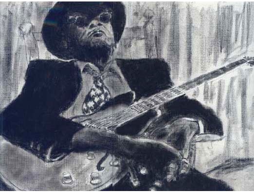 Charcoal artwork of John Lee Hooker by Mario Perez