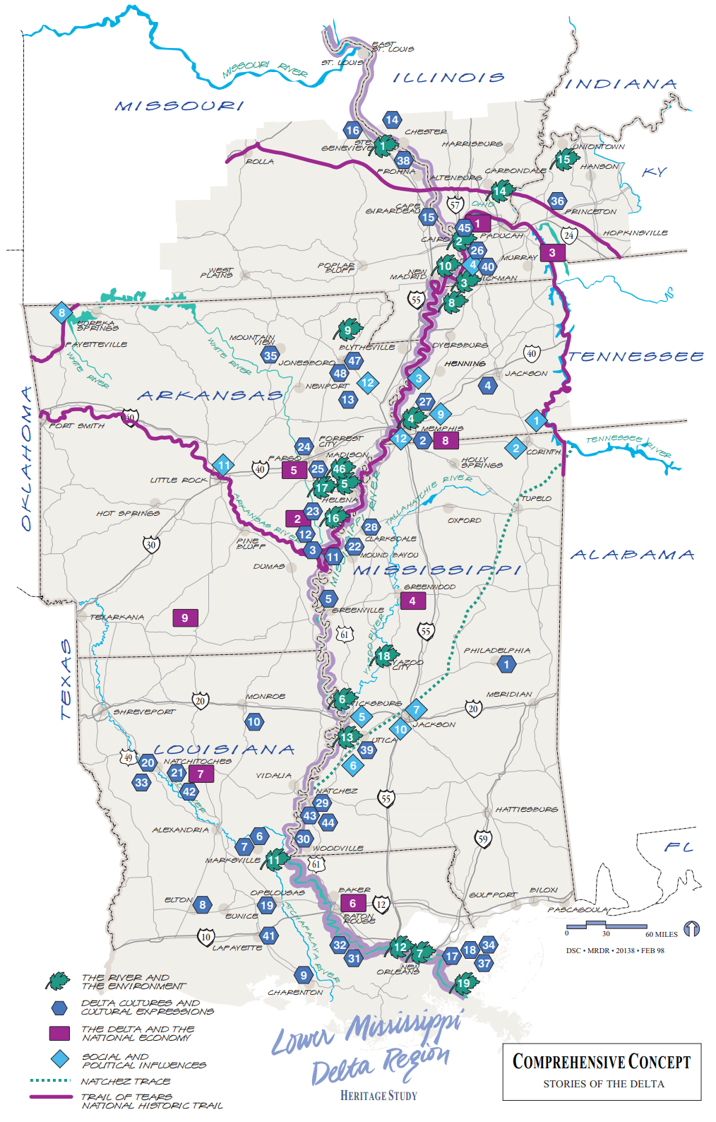 Map of the Mississippi Delta region in southeastern Louisiana, USA.