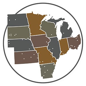 Map of the Midwest US including Arkansas with dots to represent each park.