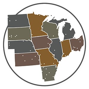 MidwestNPS Map Map of the Midwest US including Arkansas with dots to represent each park.