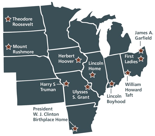 Map of the Midwest US showing National Park Service sites directly related to presidents.