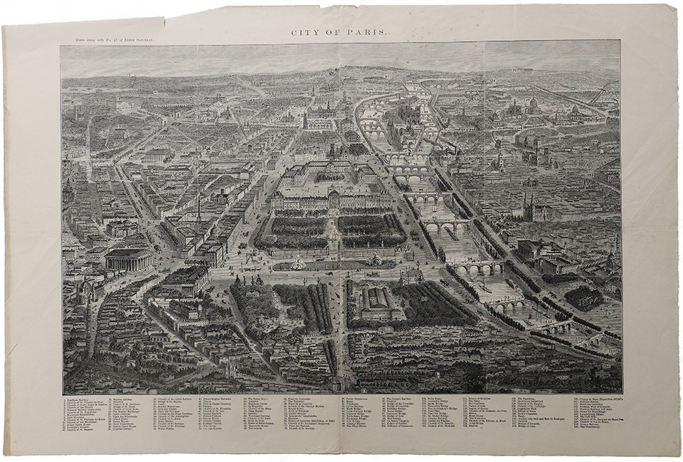 An 1866 print of a cityscape view of Paris. An 1866 print of a cityscape view of Paris.