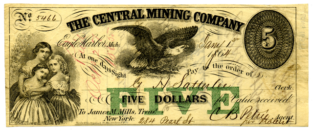 Privately issued currency, or scrip, from the Central Mining Company of Michigan, featuring a portrait of Longfellow's daughters. Privately issued currency, or scrip, from the Central Mining Company of Michigan, featuring a portrait of Longfellow's daughters.