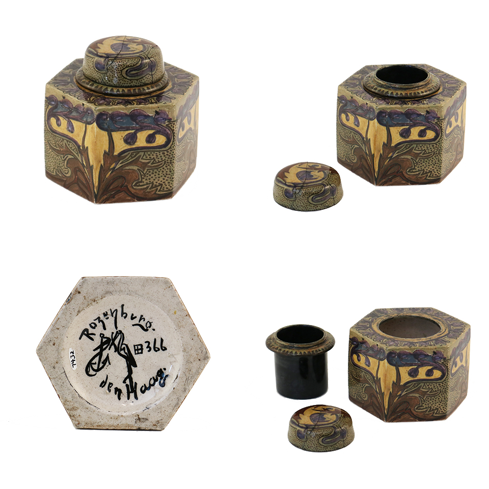 Multiple views of an earthenware inkwell painted in Art Nouveau style. Multiple views of an earthenware inkwell painted in Art Nouveau style.