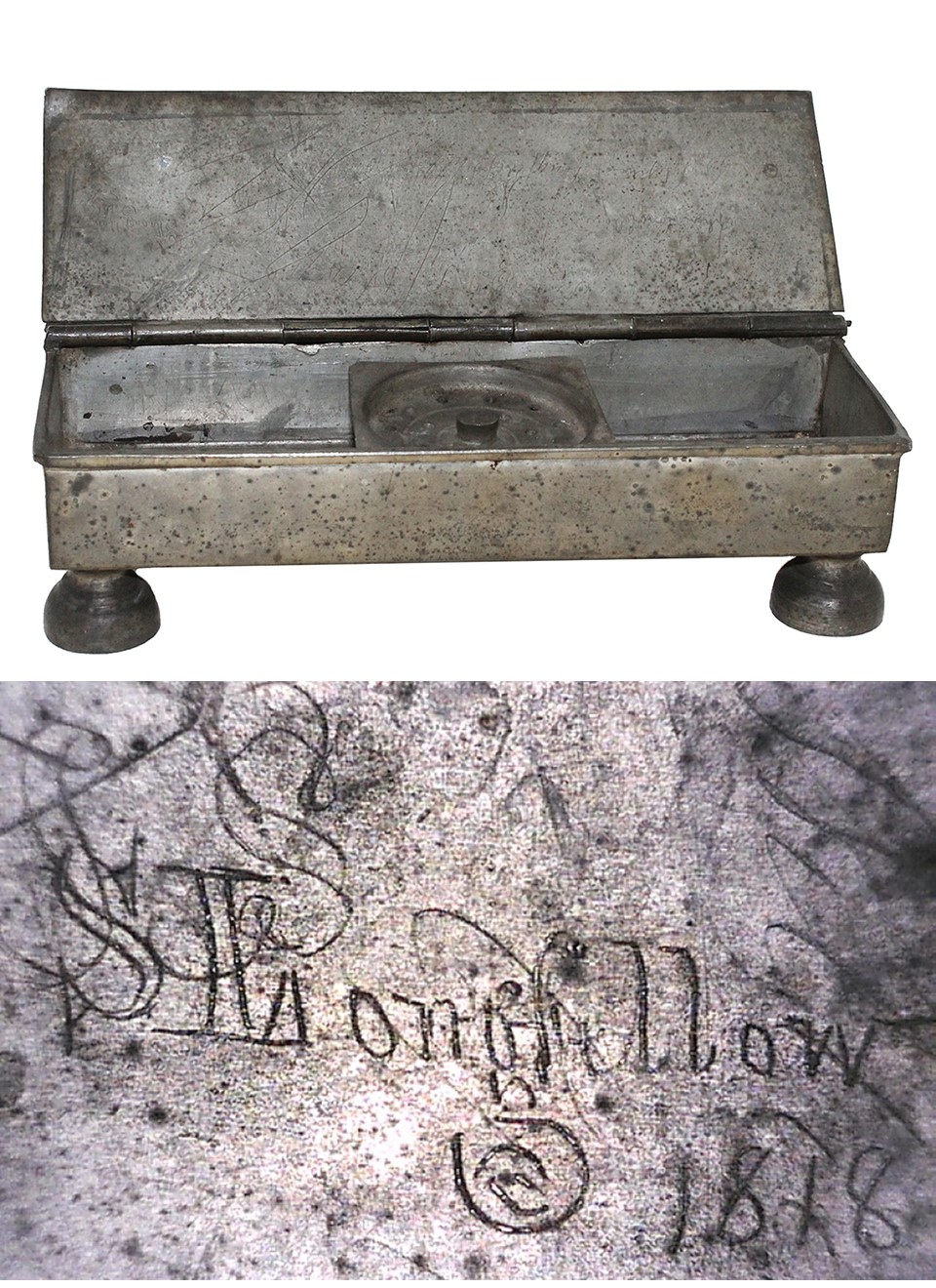 A pewter inkstand that belonged to Henry Wadsworth Longfellow's brother Stephen, inscribed with Stephen's name and the date A pewter inkstand that belonged to Henry Wadsworth Longfellow's brother Stephen, inscribed with Stephen's name and the date