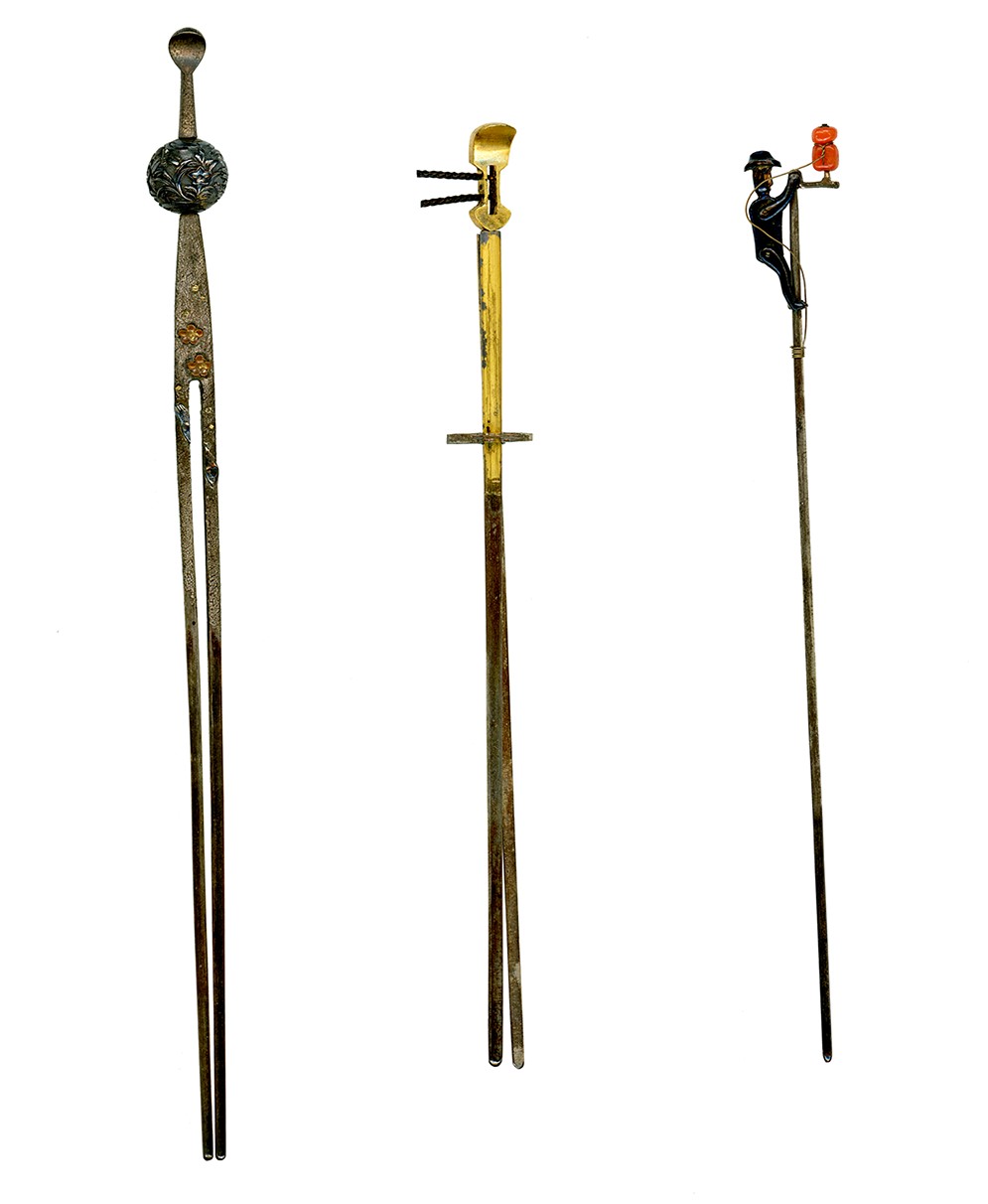Three kanzashi, or Japanese hair pins.
