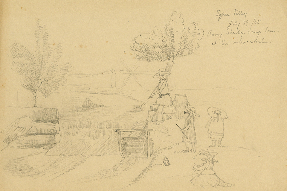 An 1848 pencil sketch of children by Frances Appleton Longfellow.