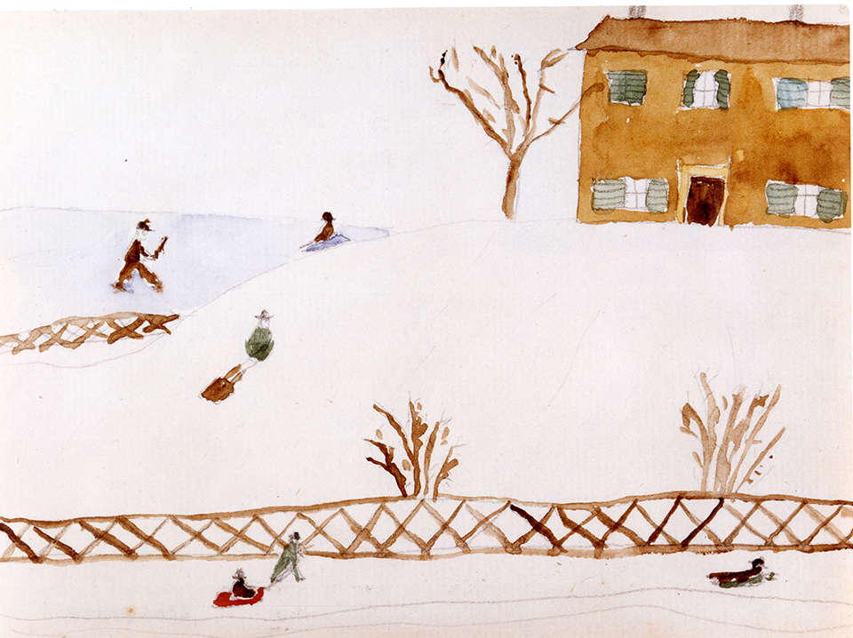 Watercolor of a winter scene by Edith Longfellow, aged 9.