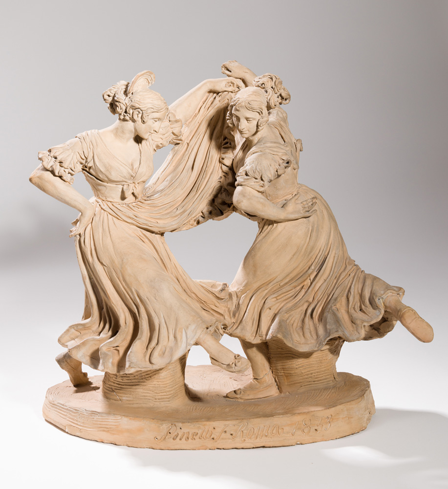 A terracotta sculpture of two women dancing, by Bartolomeo Pinelli, 1833. A terracotta sculpture of two women dancing, by Bartolomeo Pinelli, 1833.