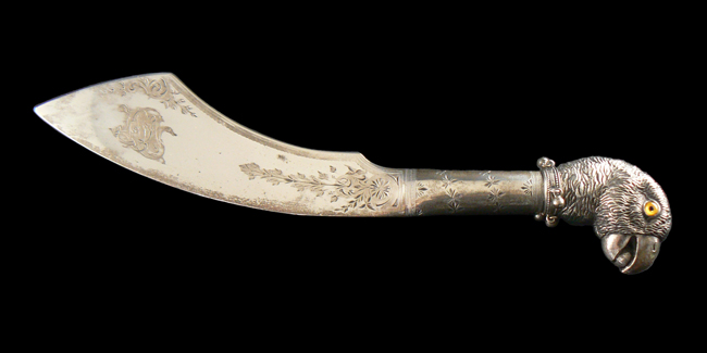 Sterling silver letter opener with parrot's head pommel that belonged to Henry Wadsworth Longfellow.