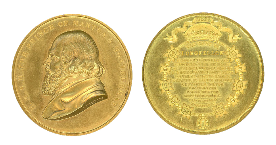 Front and back sides of a round, gold colored medal awarded to Henry W. Longfellow