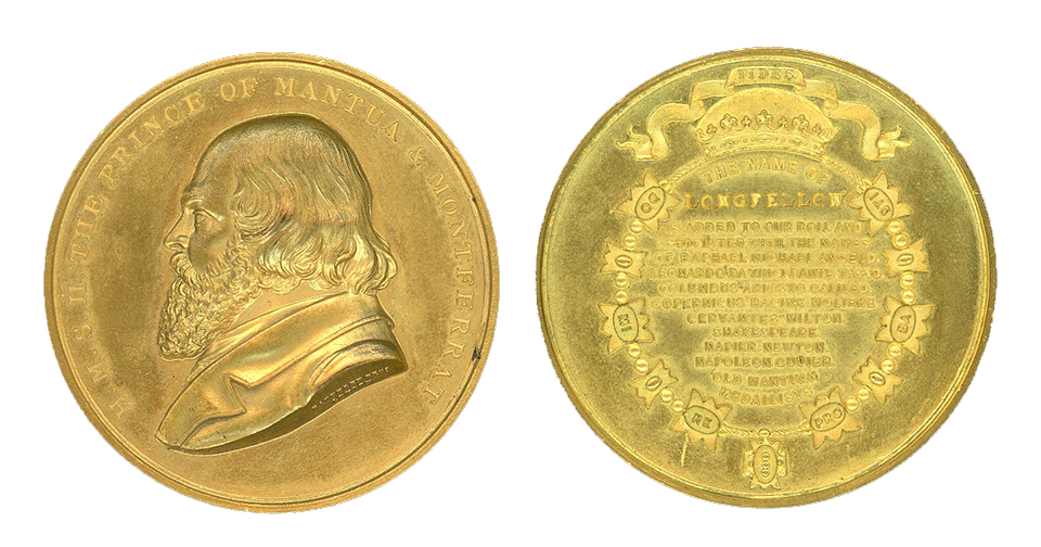 Front and back sides of a round, gold colored medal awarded to Henry W. Longfellow Front and back sides of a round, gold colored medal awarded to Henry W. Longfellow