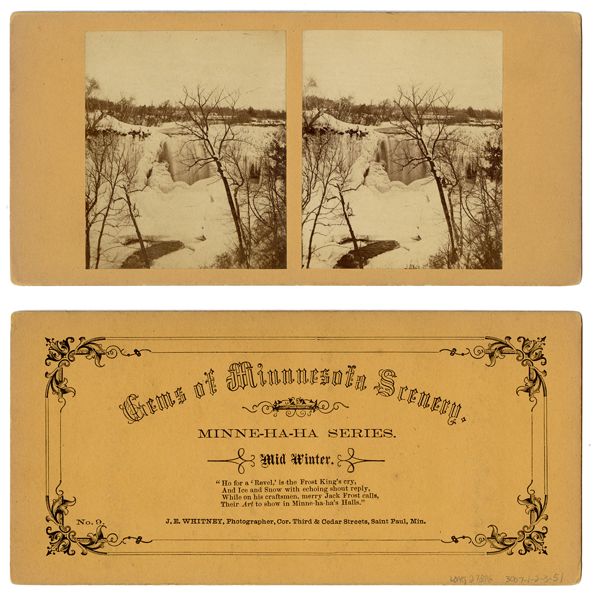 A stereograph showing the frozen Minnehaha Falls in Minnesota, c. 1870.