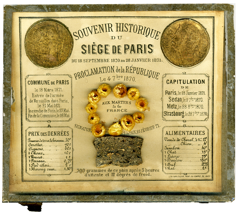 A card with a piece of bread and printed information from the 1870-1871 Siege of Paris.