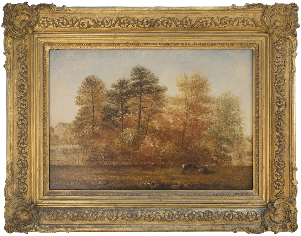 A paintiing by Thomas Gold Appleton of an autumn landscape featuring trees and cows in a field. A paintiing by Thomas Gold Appleton of an autumn landscape featuring trees and cows in a field.