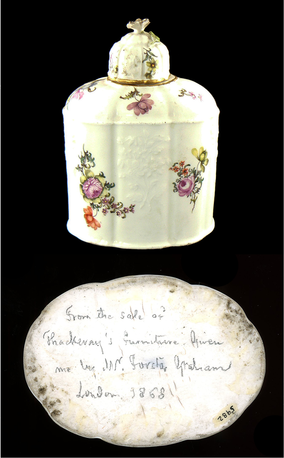 A porcelain tea caddy with floral decoration and a domed lid with gilt edging. A white porcelain tea caddy with floral decoration and a domed lid with gilt edging.