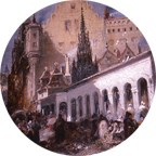 small round image showing a section of a painting featuring white columns and a building with tall pointed spire.