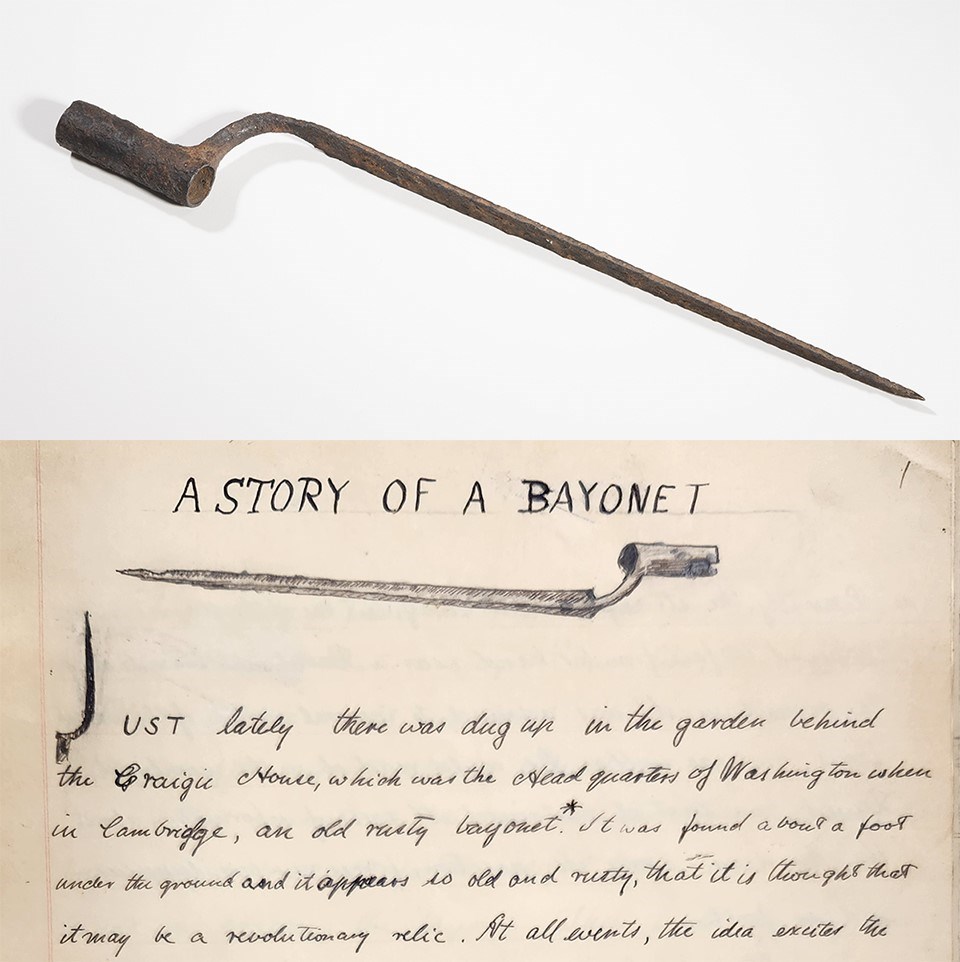 A rusted bayonet displayed with a short story about it written in 1896.