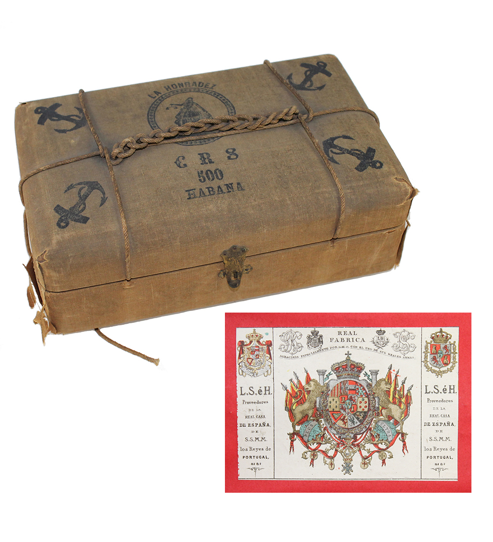 A late 19th century Cuban cigarette box of cloth covered wood with a detailed image of its label.