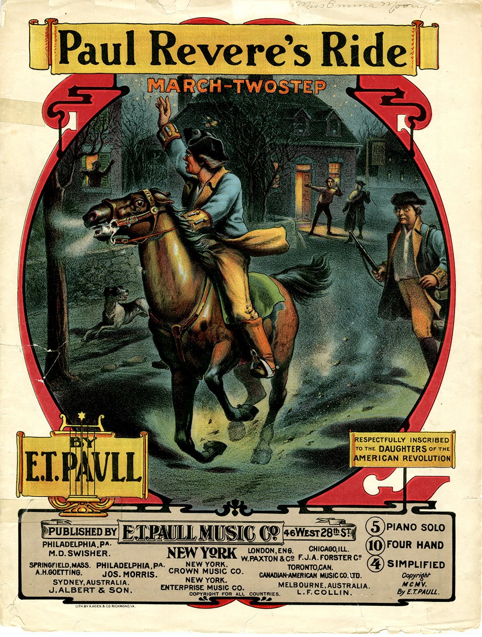 A colorful sheet music cover showing Paul Revere on horseback riding through a town raising the alarm.