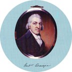 historic portrait of a man with white hair against a red background.