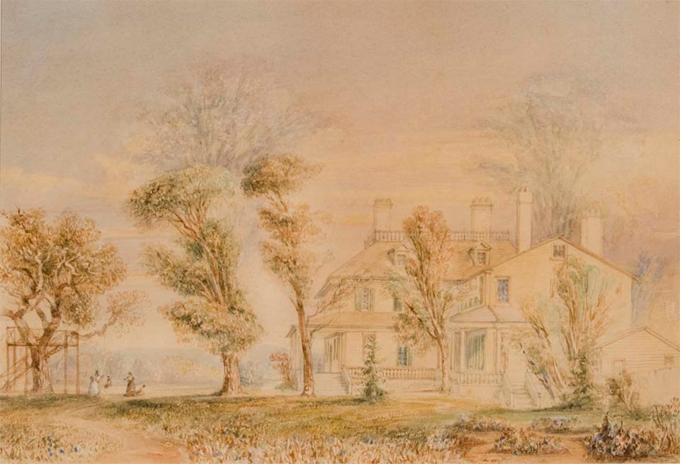 Watercolor of back of a house with trees in mid-ground and low garden beds in foreground
