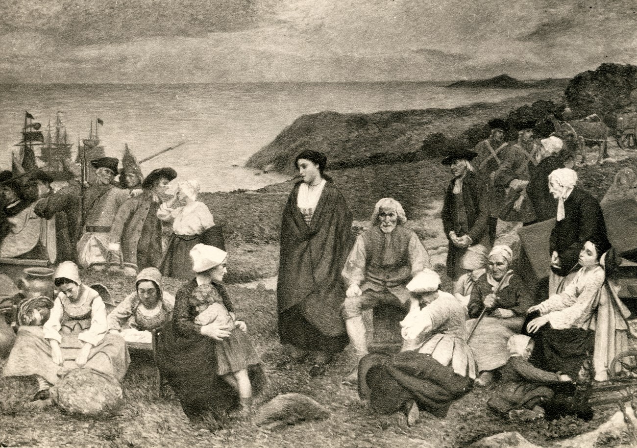 Black and white drawing of coastal landscape. Displaced Acadians stand in the foreground, with a forlorn Evangeline standing in the center, wrapped in a shall. In the background, armed British troops force peasants onto ships.