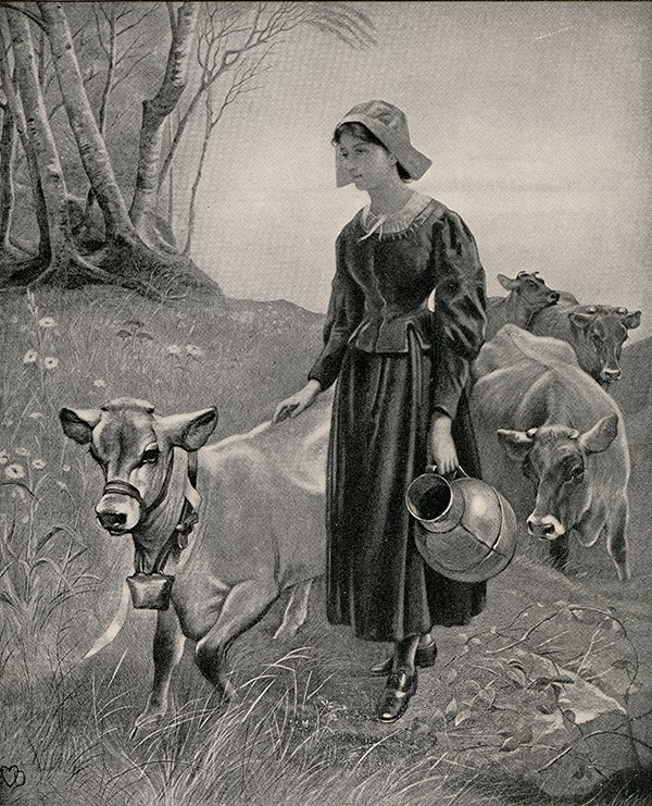 Pastoral scene of young woman leading three cows through a meadow on the edge of a forest. She wears a bonnet and simple dress, holds a pitcher for milking and has her left hand placed on the back of the leading cow, who wears a bell around its neck
