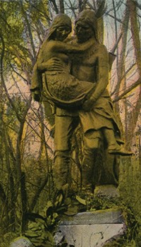 Postcard of statue of Hiawatha carrying Minnehaha from Minnesota
