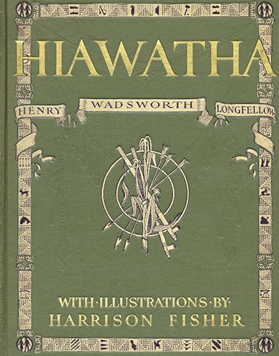 Green and gold leaf binding of hardbound copy The Song of Hiawatha. Decorative scrolls around edges