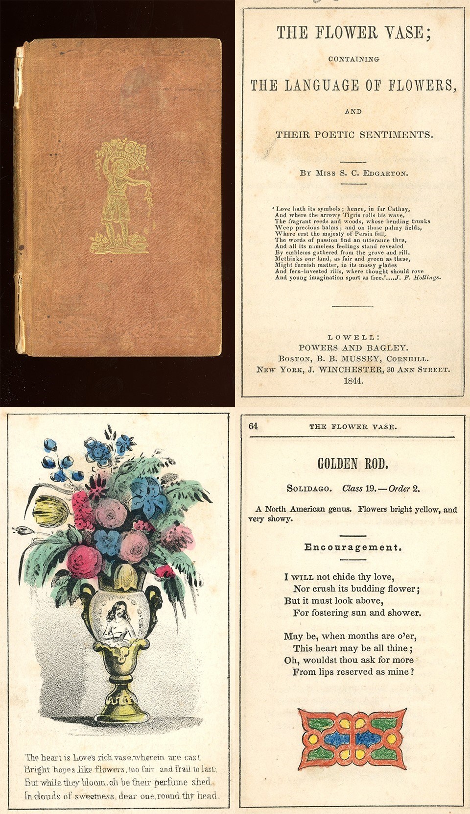Cover and interior pages from the 1844 book The Flower Vase.