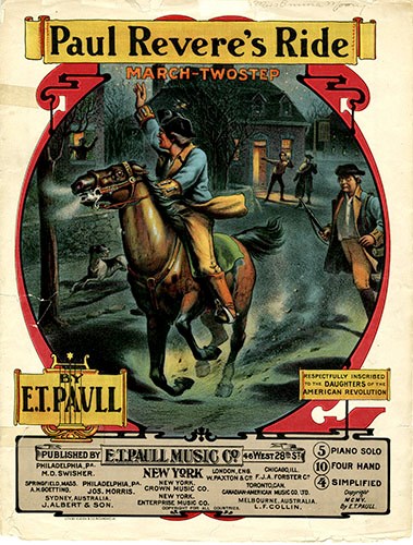 Sheet music for "Paul Revere's Ride March Twostep" with color image of Revere riding through village street on a galloping horse