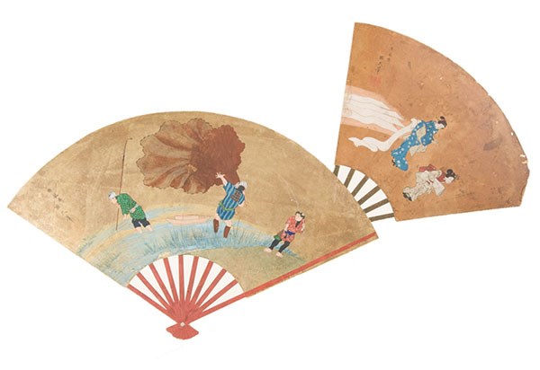 Two paintings in the shape of fans, each a landscape with figures in foreground
