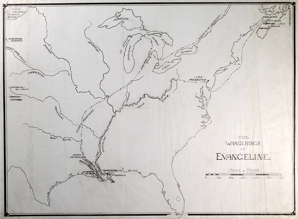 Map of the eastern United States and Canada, hand drawn in black ink on light blue coated linen tracing paper. Route of “wanderings of Evangeline” marked with dotted line, with major cities and landmarks marked.
