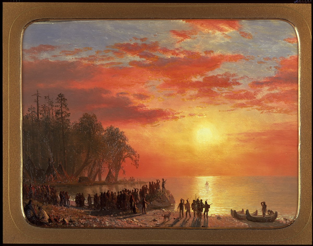 Oil painting of lake at sunset, small figure in canoe sailing off as Native American figures on beach watch