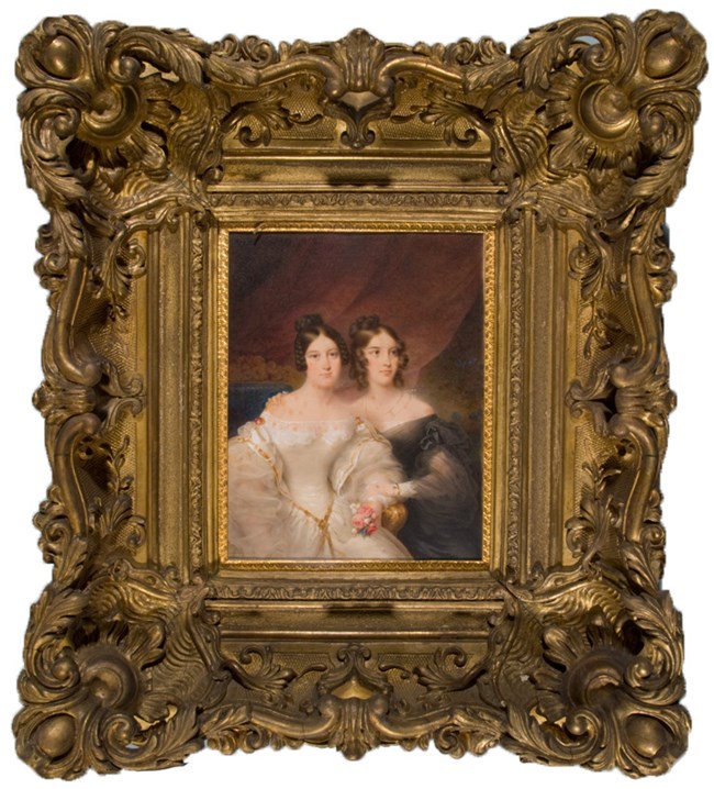 lt= Portrait of two women, one in a white dress, one in a black dress