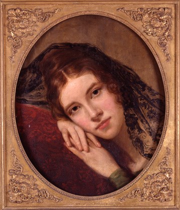 Oil portrait of young woman leaning on her folded hands, wearing black lace scarf