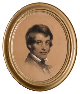 Charles Sumner by Johnson Bust-length portrait of man in charcoal and chalk in oval gold frame