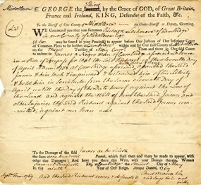 1769 court document detailing a suit brought by an ex-slave against his former owner.