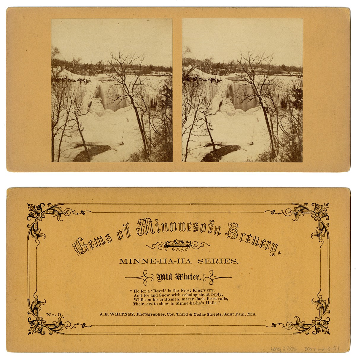 A 19th century stereograph of Minnesota's Minnehaha Falls in winter.