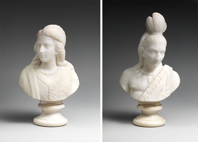 Two marble busts shown side by side, depicting Minnehaha and Hiawatha